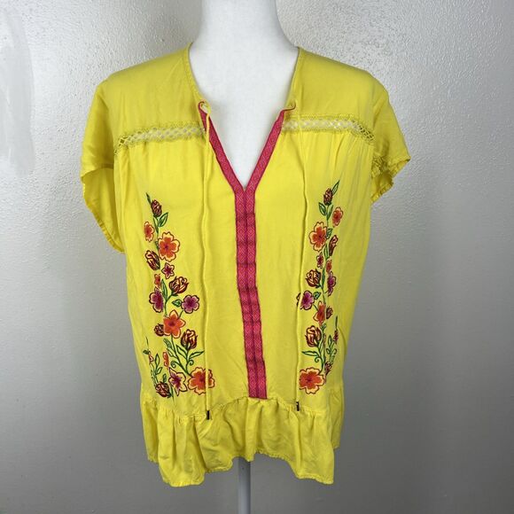 The Pioneer Woman Blouse Women Extra Large Yellow Pink Floral Embroider Boho Top - Picture 13 of 13